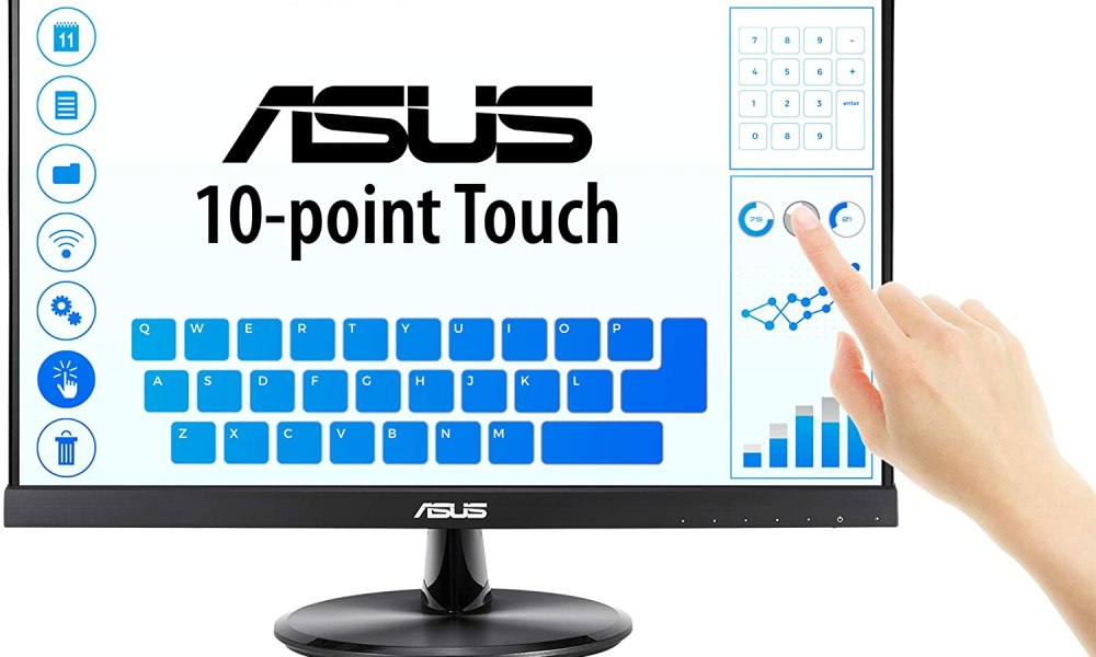 Woman using ASUS VT229H touchscreen.