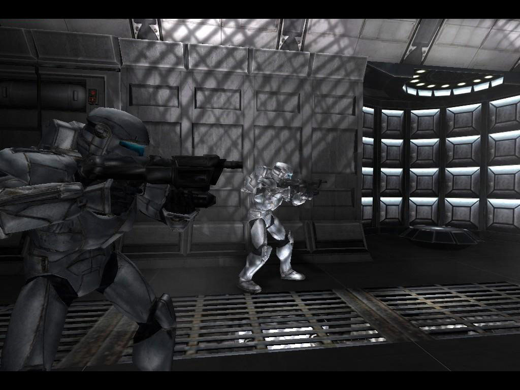 Two clone troopers walking down a hall in Star Wars: Republic Commando..