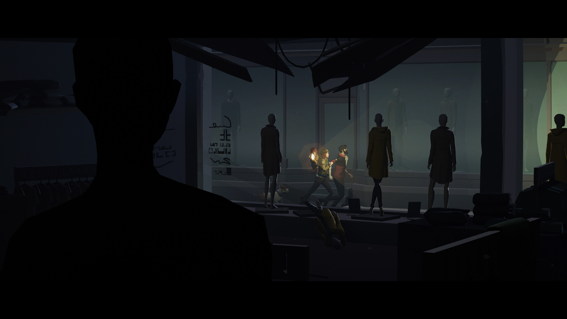 Charaktere erkunden einen dunklen Raum voller mysteriöser Gestalten in Somerville.