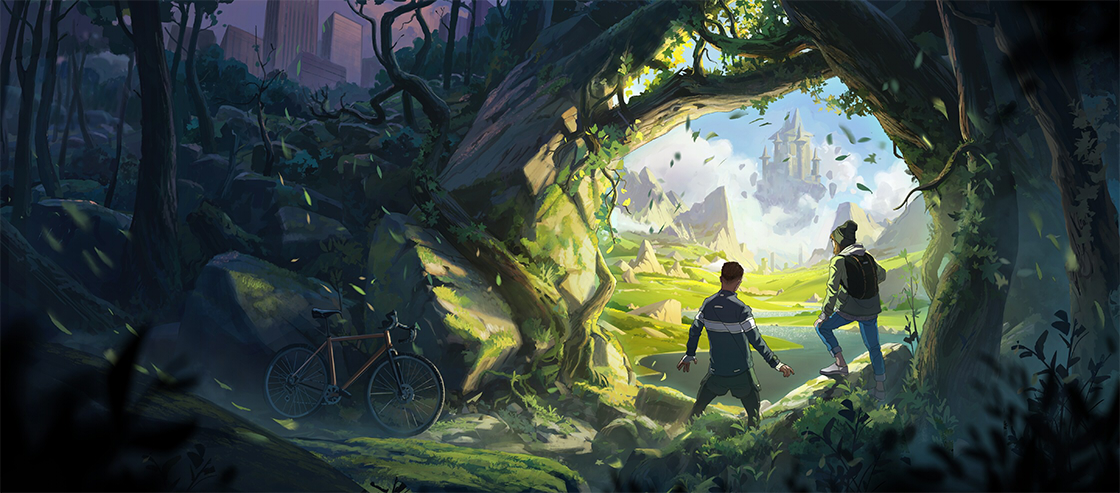 Concept art of two characters walking through the woods toward a castle in the distance.