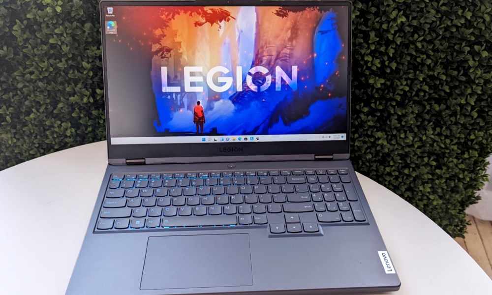 The Lenovo Legion 5i laptop with the Legion logo on the screen.