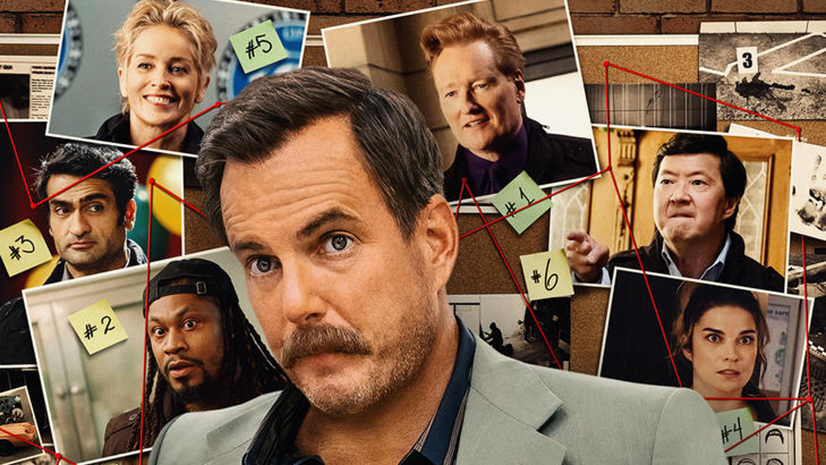 Will Arnett está diante de um quadro de suspeitos em Murderville.