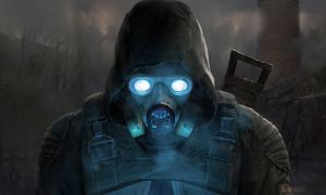 Key art for Stalker 2. A character in a lit-up gas mask and a gun on their back.