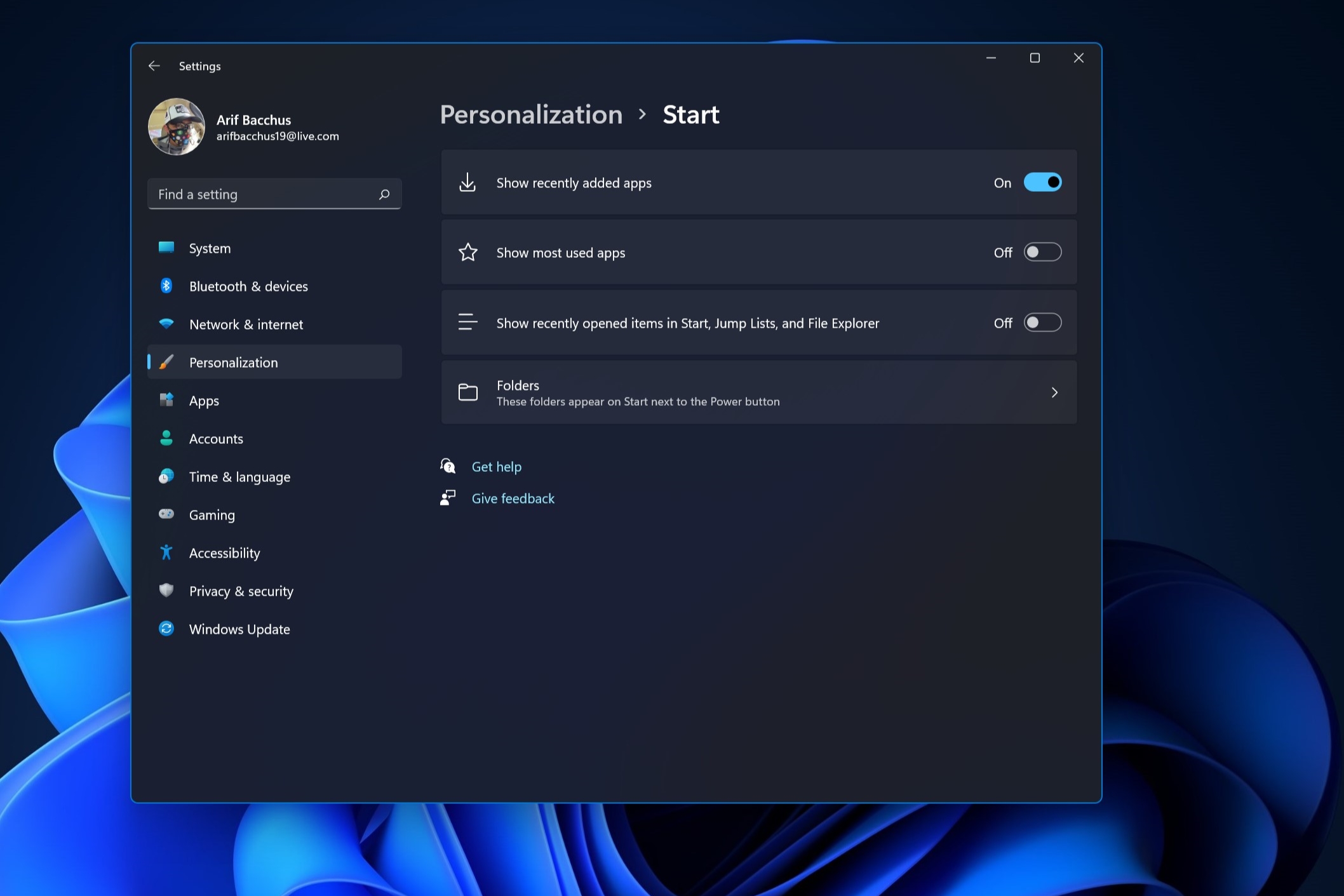 The Personalize settings for the Windows Start Menu.