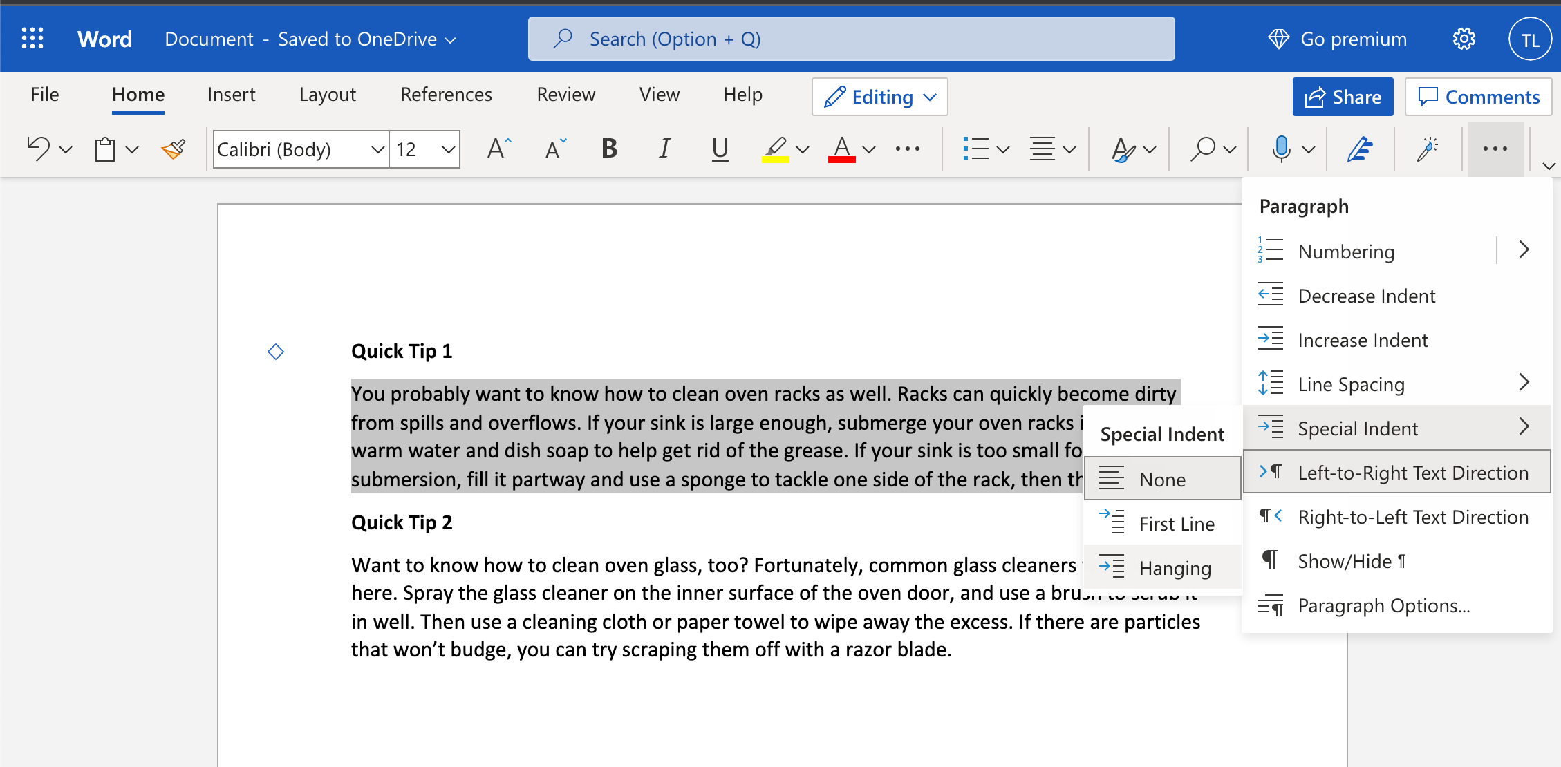 How to create a deals hanging indent in word