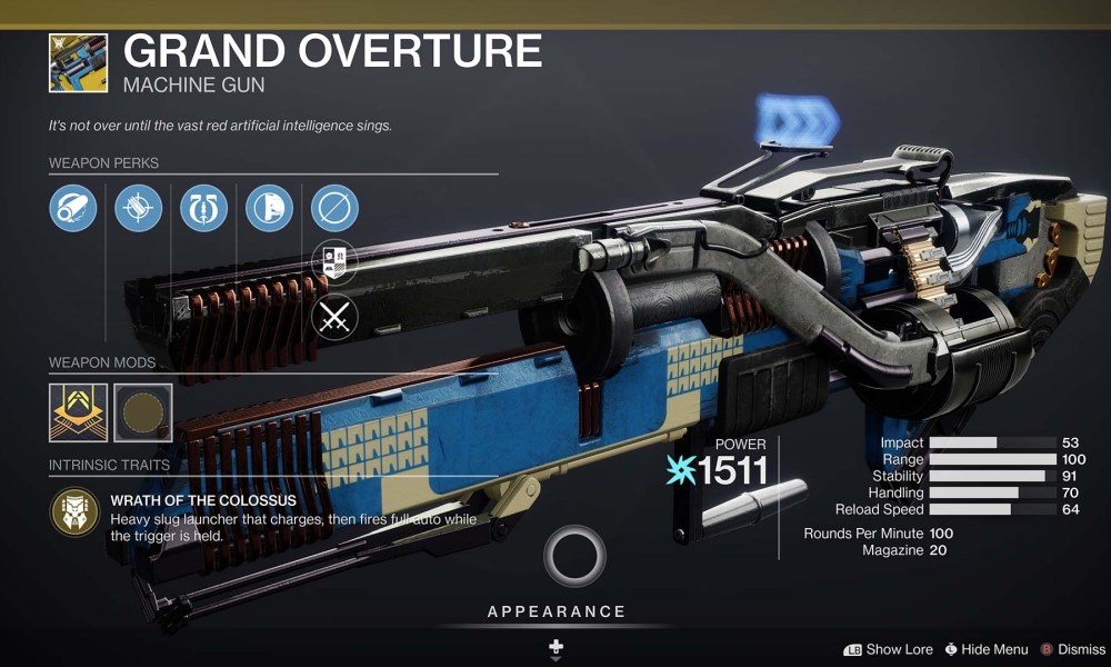 The inventory screen showing the stands of Grand Overture in Destiny 2.