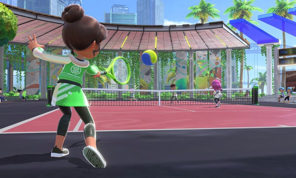 A Mii hits a tennis ball in Nintendo Switch Sports.