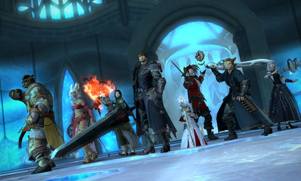 A party of characters stands together in a Final Fantasy XIV dungeon.