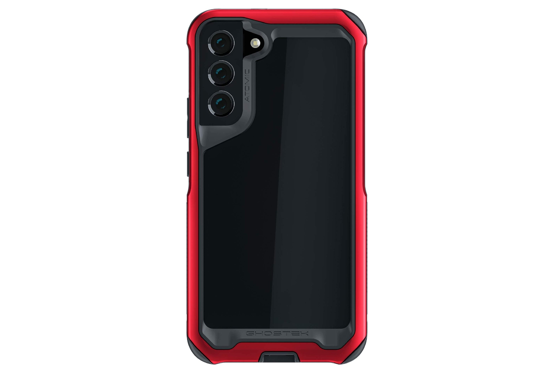 Ghostek ATOMIC Slim Case für Samsung Galaxy S22 Plus in Schwarz mit rotem Bumper.