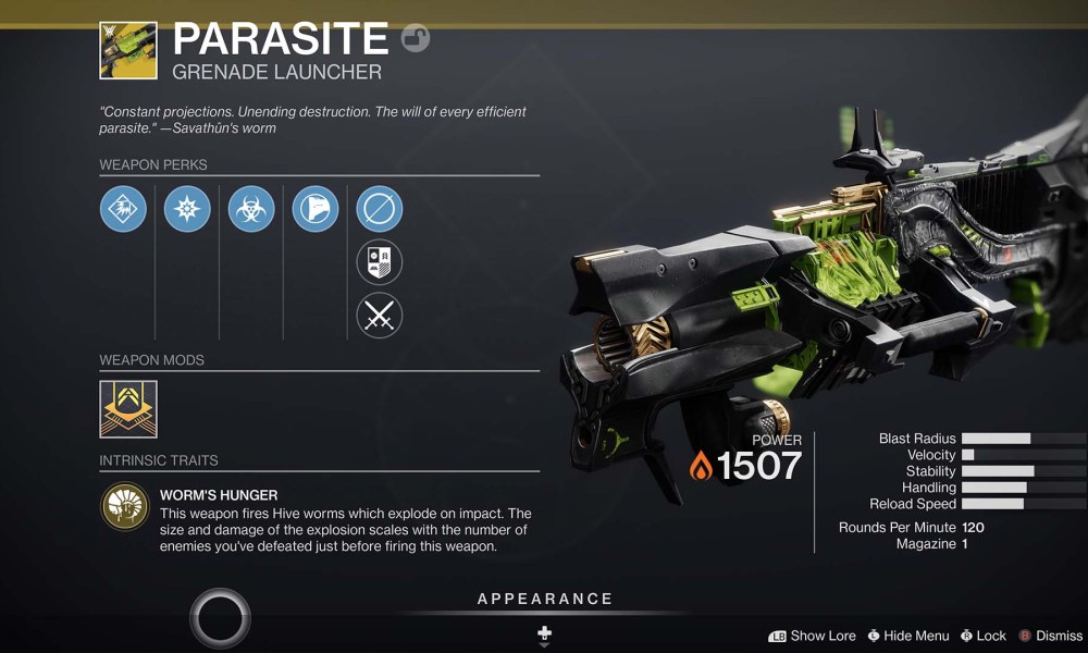 The inventory card for the Parasite exotic weapon in Destiny 2.