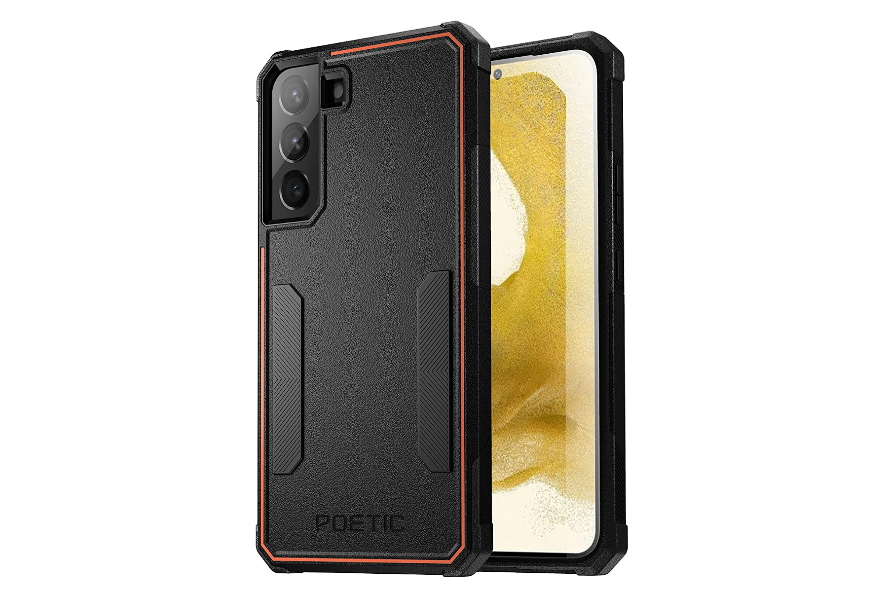 Poetic Neon Series Case für Samsung Galaxy S22 Plus in Schwarz mit orangefarbenen Details.