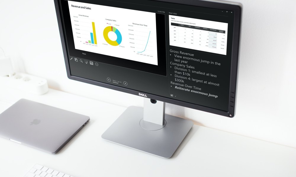 Speaker notes in Presenter View in PowerPoint on a Dell monitor.