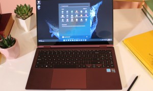 Samsung Galaxy Book 2 Pro on a desk with its desktop displayed.