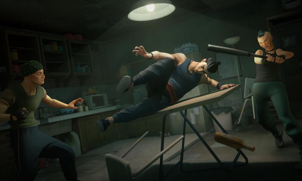 Sifu's main character jumping over a table as two enemies attack.