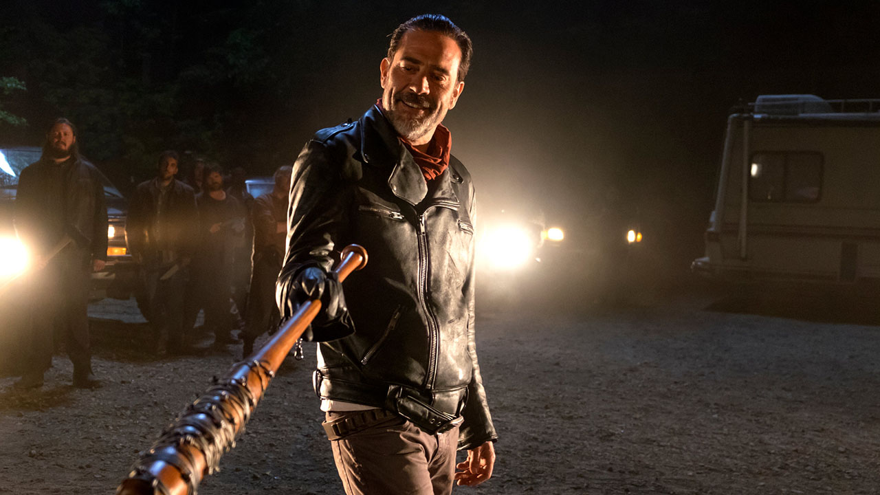 Negan wielding his bat Lucille in a scene from The Walking Dead.