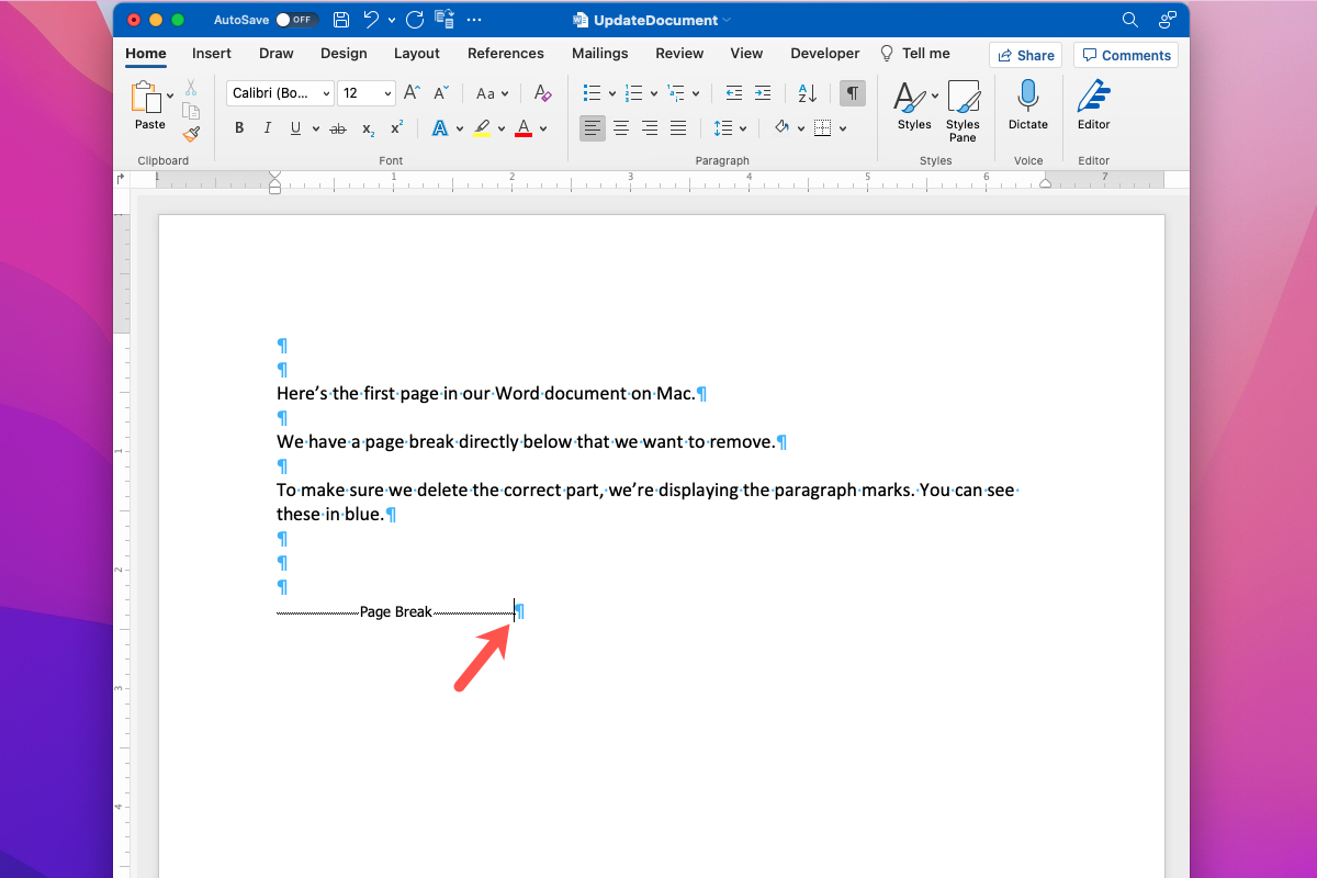 How to remove a page break in Word