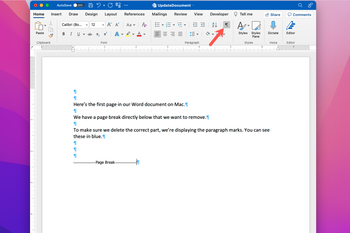 How to remove a page break in Word