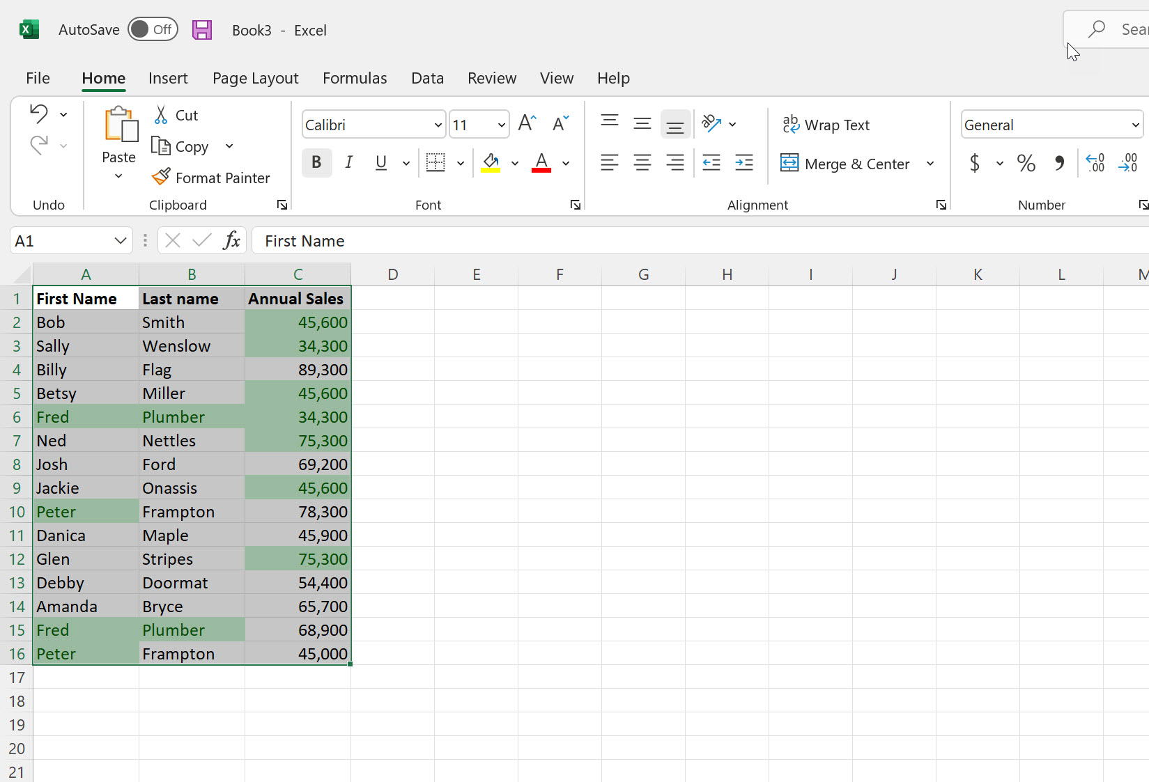 Duplicate data highlighted in Microsoft Excel.