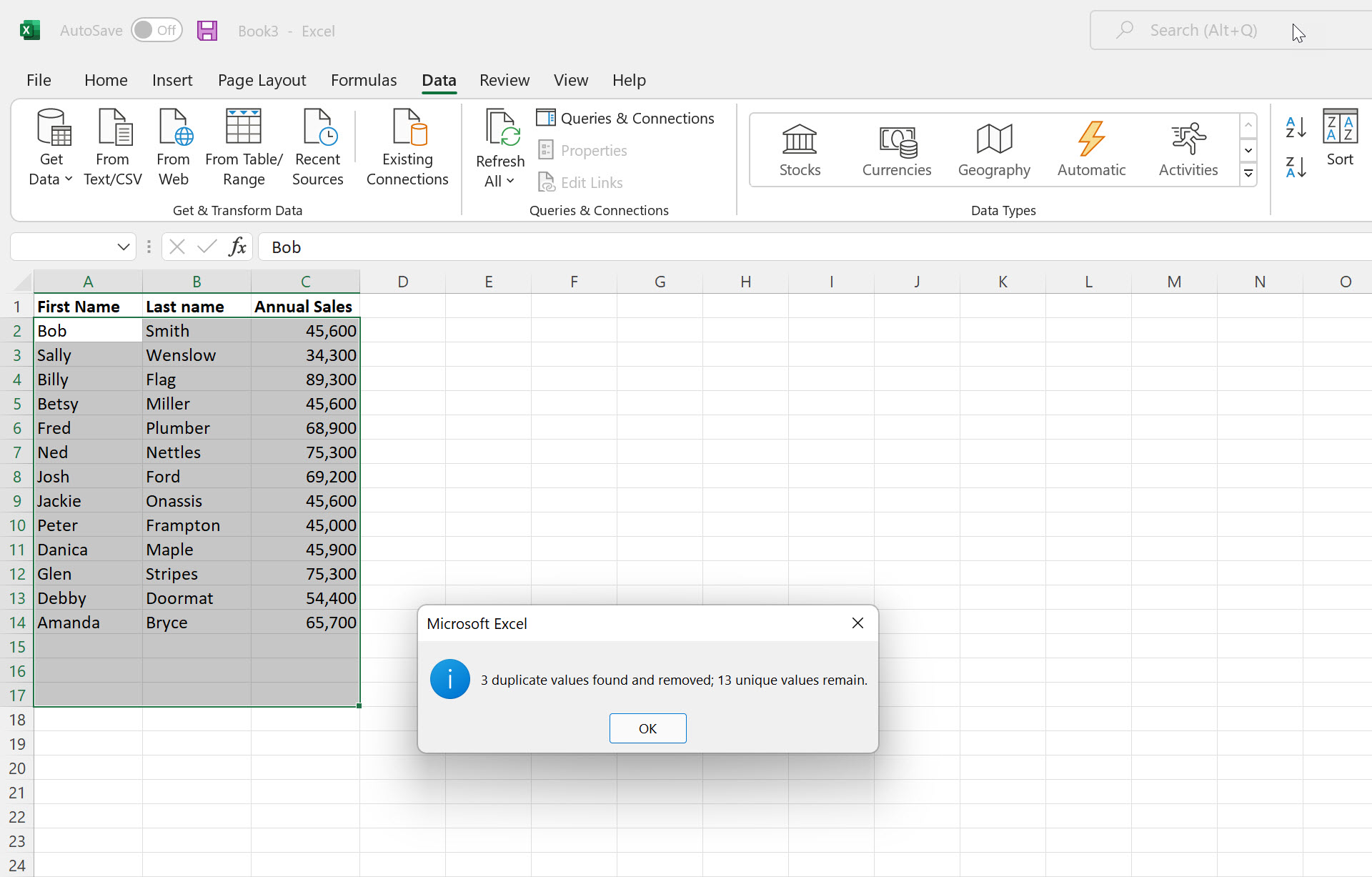 Doppelte Daten in Microsoft Excel entfernt.