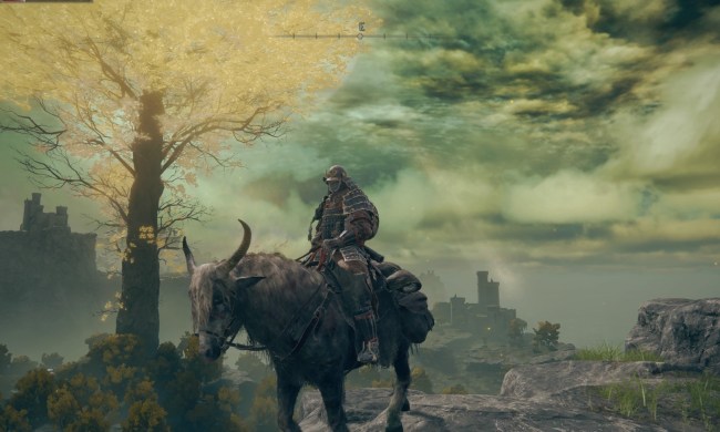 Player stands by a tall Erdtree in Elden Ring.