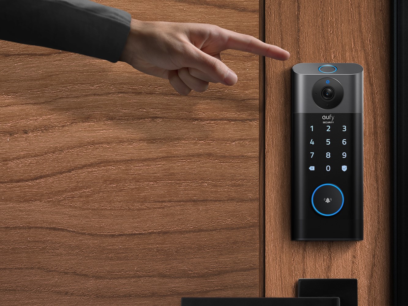 eufy by Anker Security Video Smart Lock on wood wall.