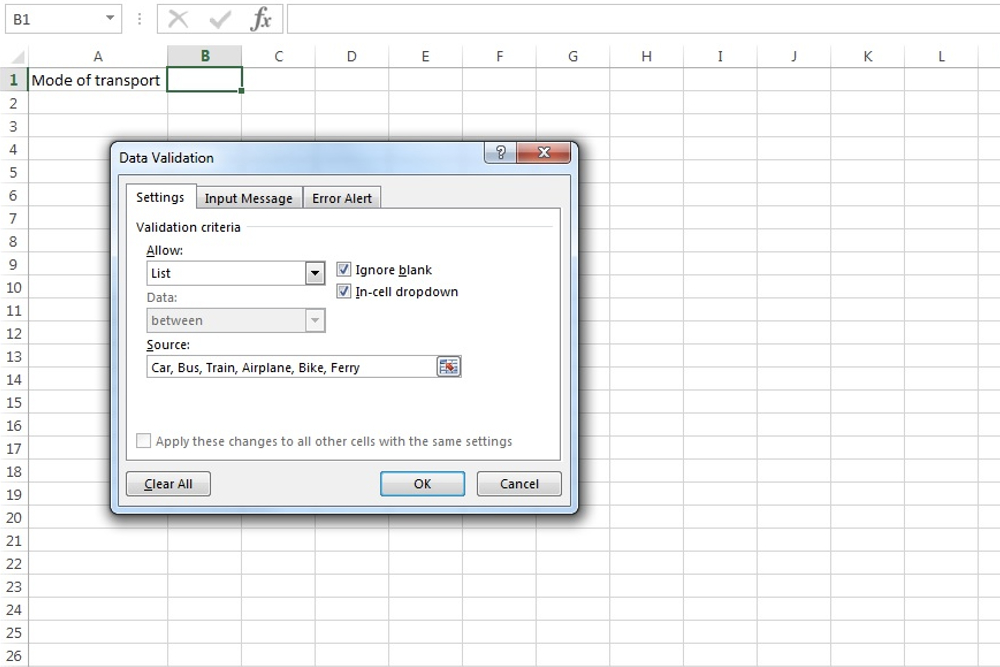  Manually enter data in the Source field for a drop-down list in Microsoft Excel.