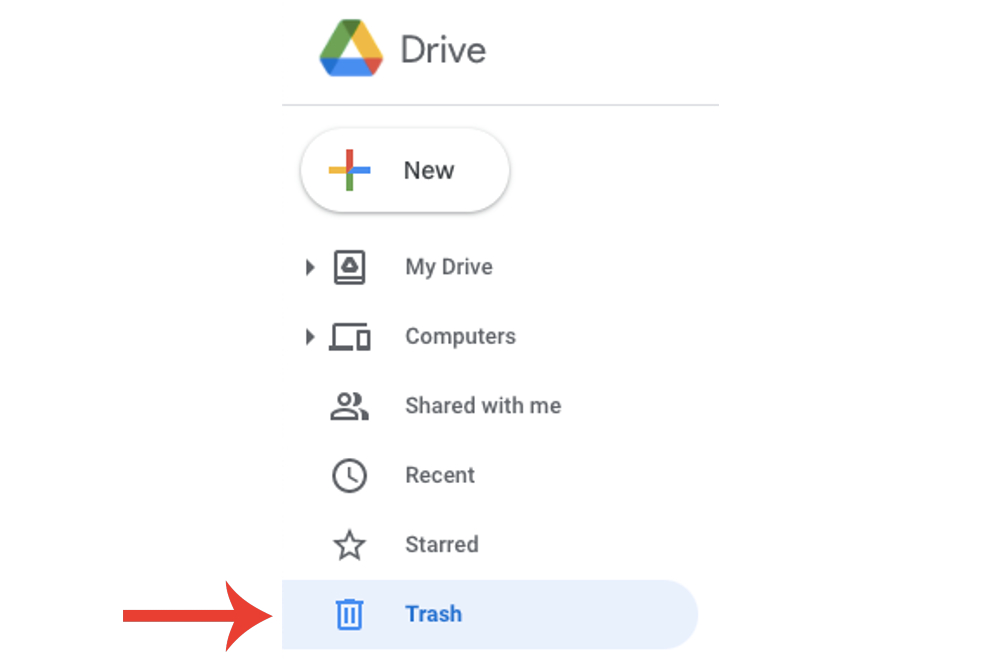 L'outil Corbeille sur Google Drive situé dans la barre latérale.