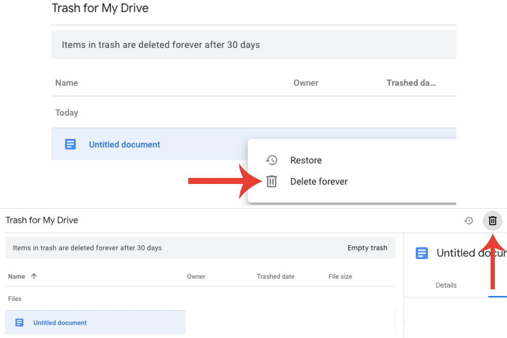 Google Drive के ट्रैश फ़ोल्डर से फ़ाइल हटाने का बटन।