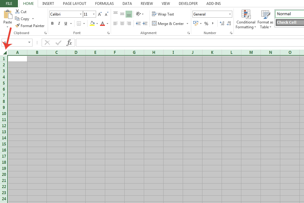 Le bouton permettant de sélectionner toutes les cellules d'une feuille de calcul sur Microsoft Excel.