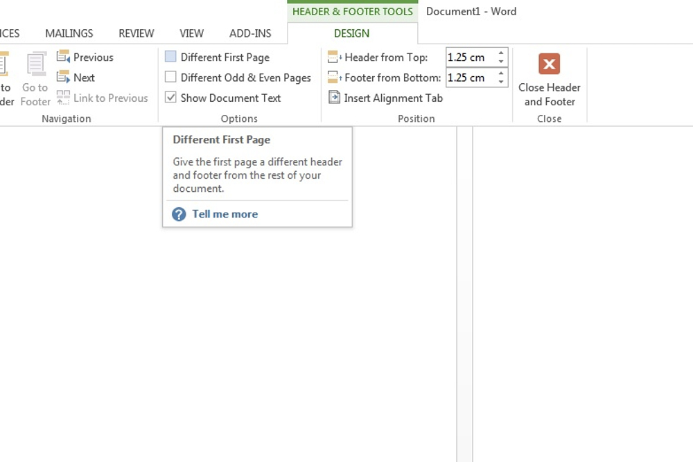 The Different First Page box in Microsoft Word.