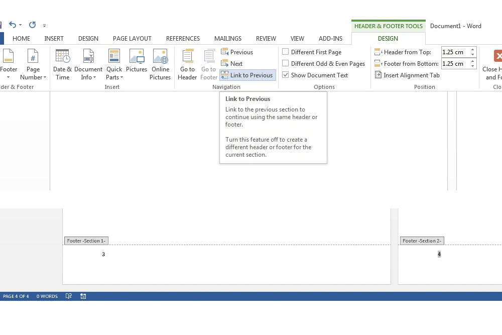 La zone Lien vers le précédent dans Microsoft Word.