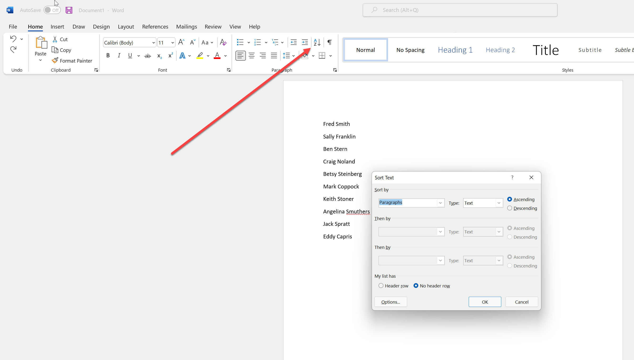 Open Sort Text options in Microsoft Word.