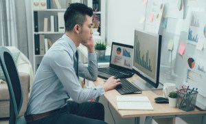 A person looking at bar charts on a PC.