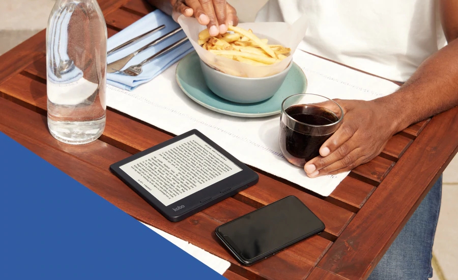 The Kobo Libra 2 being used during breakfast.