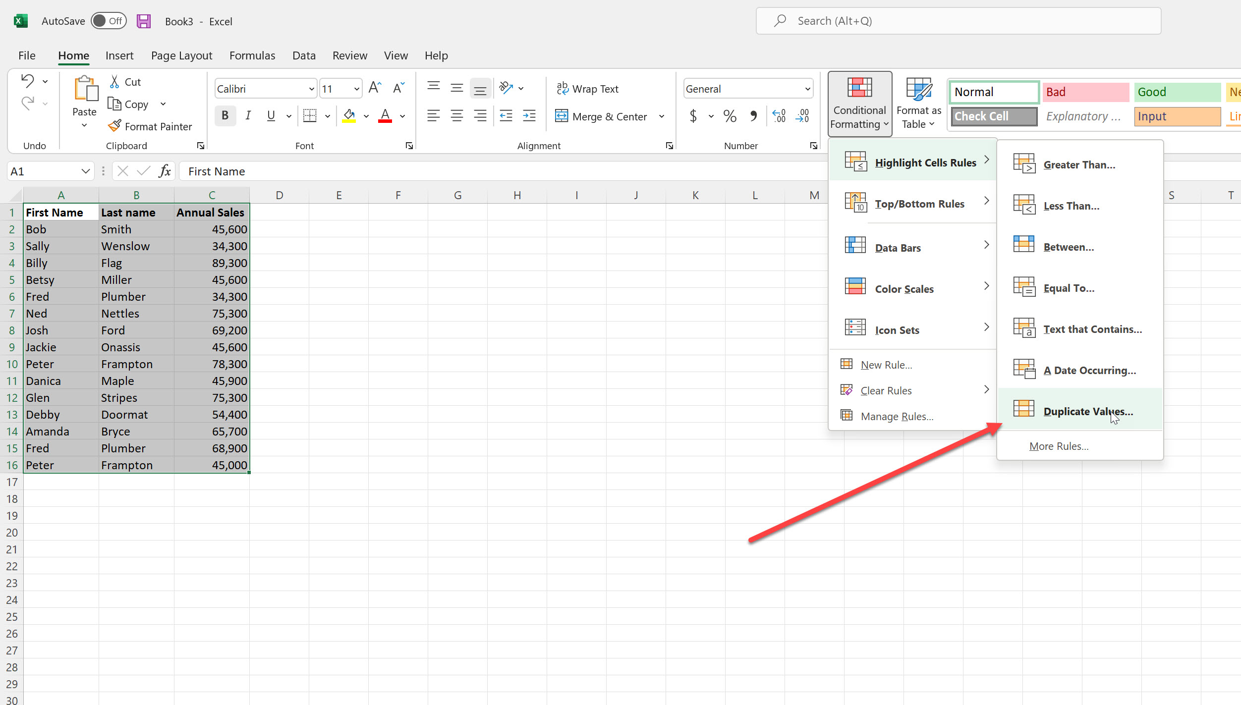 Selecting the duplicate values function in Microsoft Excel.