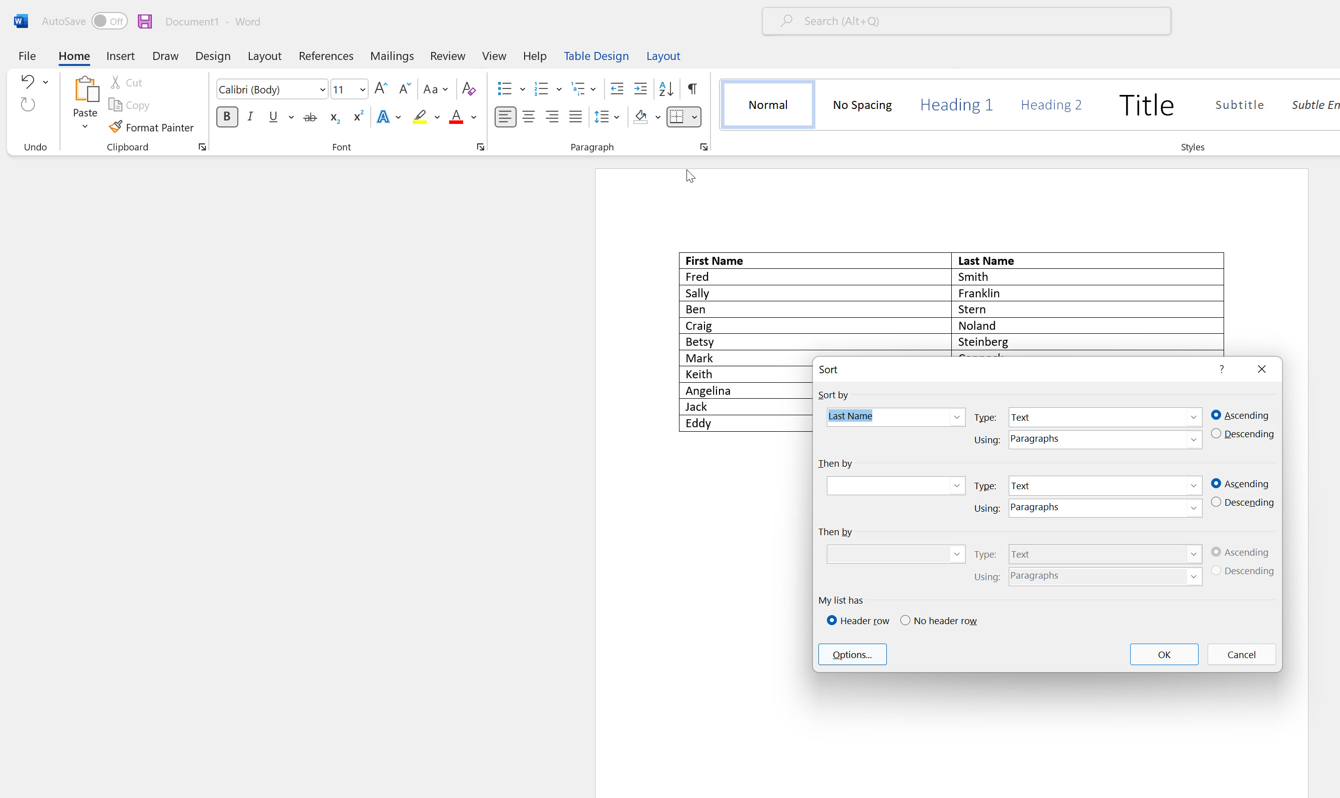 Sorting a table dialog in Microsoft Word.