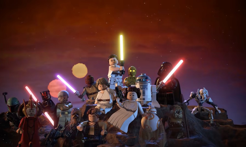 The cast of Lego star wars posing on a hill.