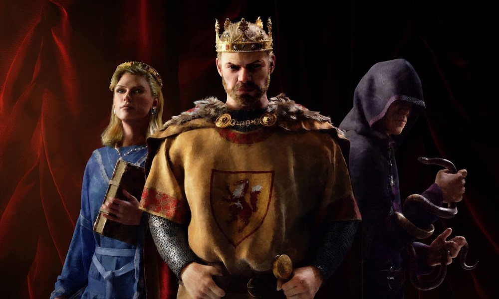 Three nobles stand side-by-side in Crusader Kings III.