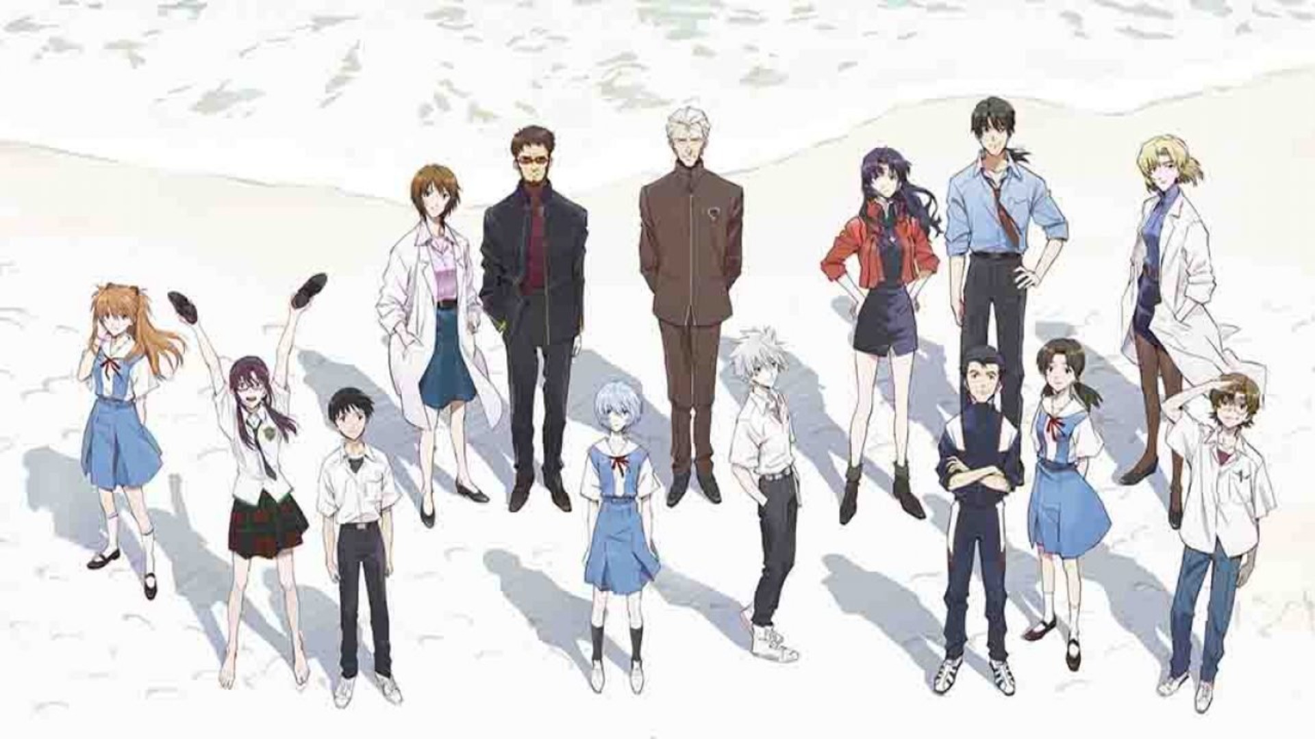 O elenco principal de Evangelion na praia em "Evangelion 3.0+1,0 três vezes após um tempo" arte -chave.