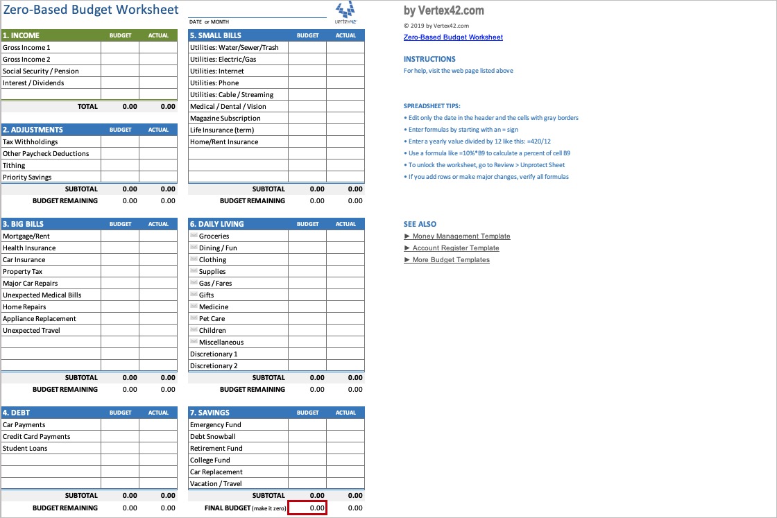 Zero-based budget template in Excel.