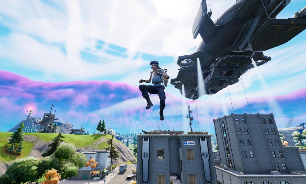 Flying with jetpack in Fortnite.