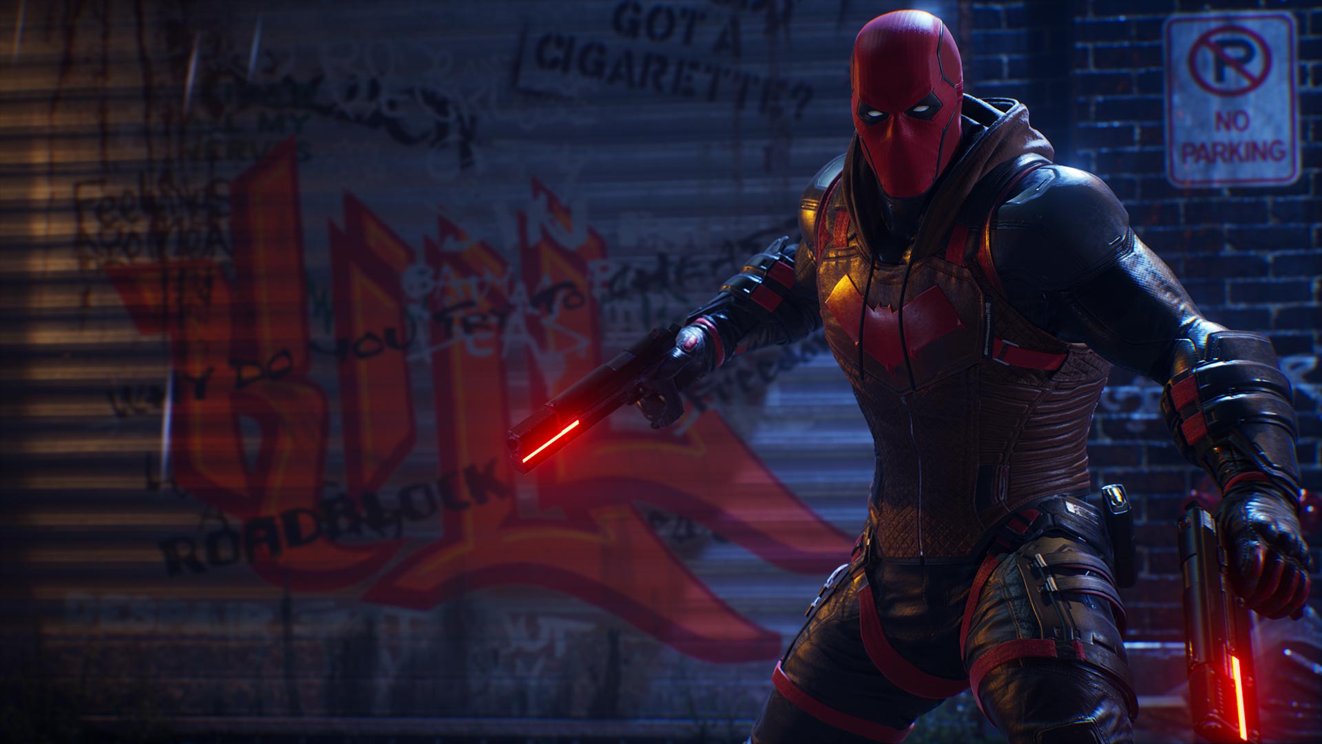 Red Hood sosteniendo un arma en Gotham Knights.