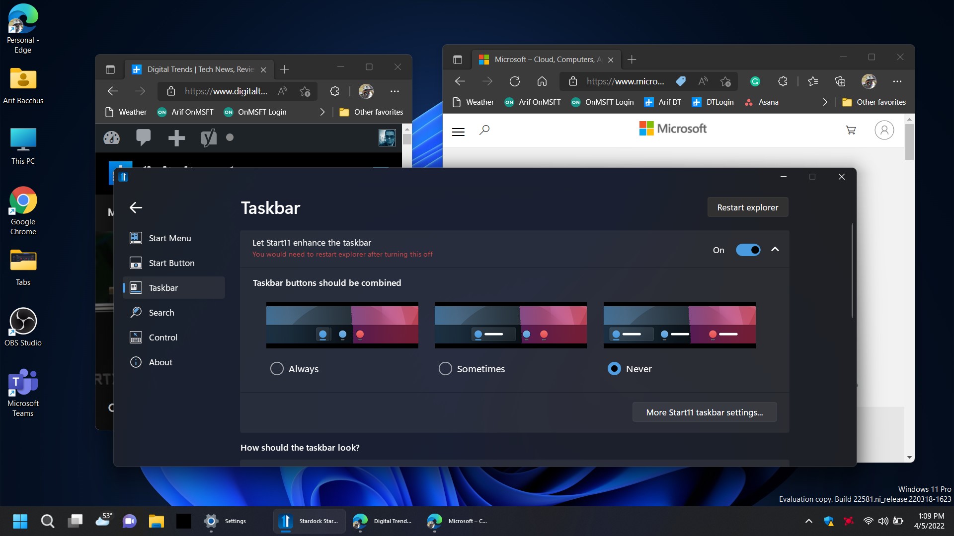 Start11 menu shows grouping options for the Windows 11 taskbar.