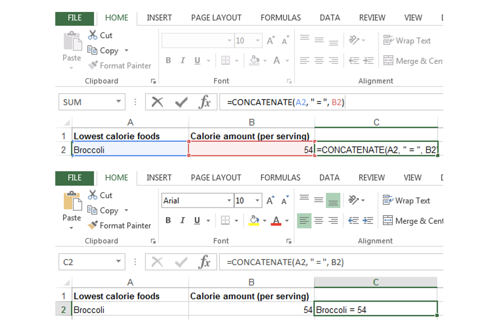 Adding a space and equal sign within a concatenate formula in Excel.