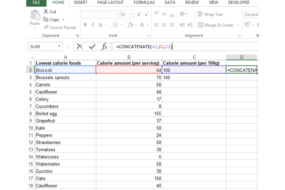 The concatenate formula for combining three columns in Excel.