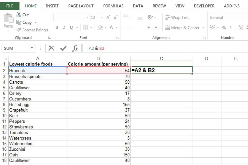 Applying the concatenate function in Excel without the formula.