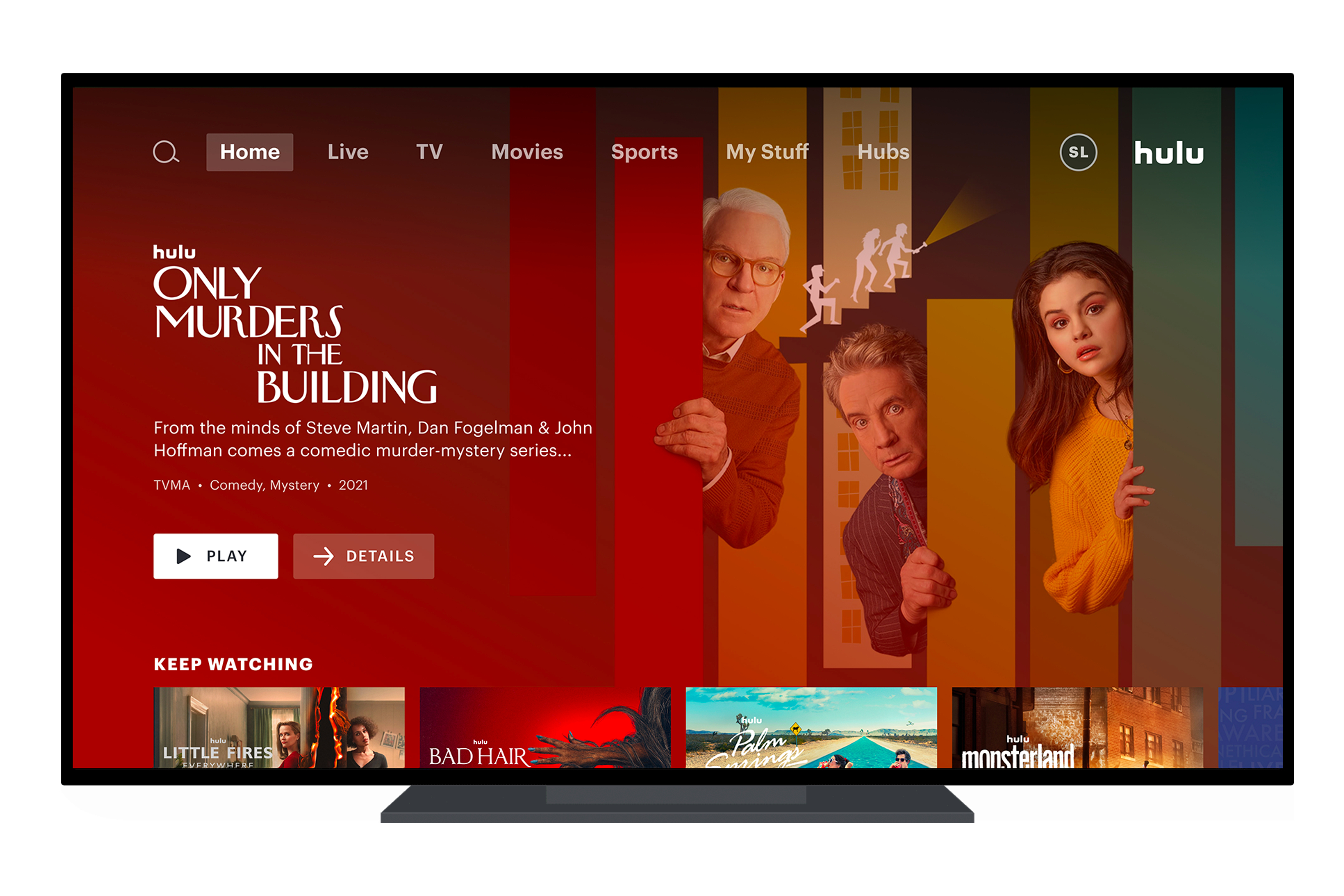 Hulu-Homepage auf einem Fernseher mit der Besetzung Only Murders in the Building.
