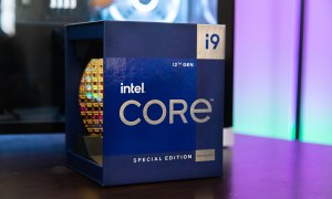 The Intel Core i9-12900KS box sitting in front of a gaming PC.