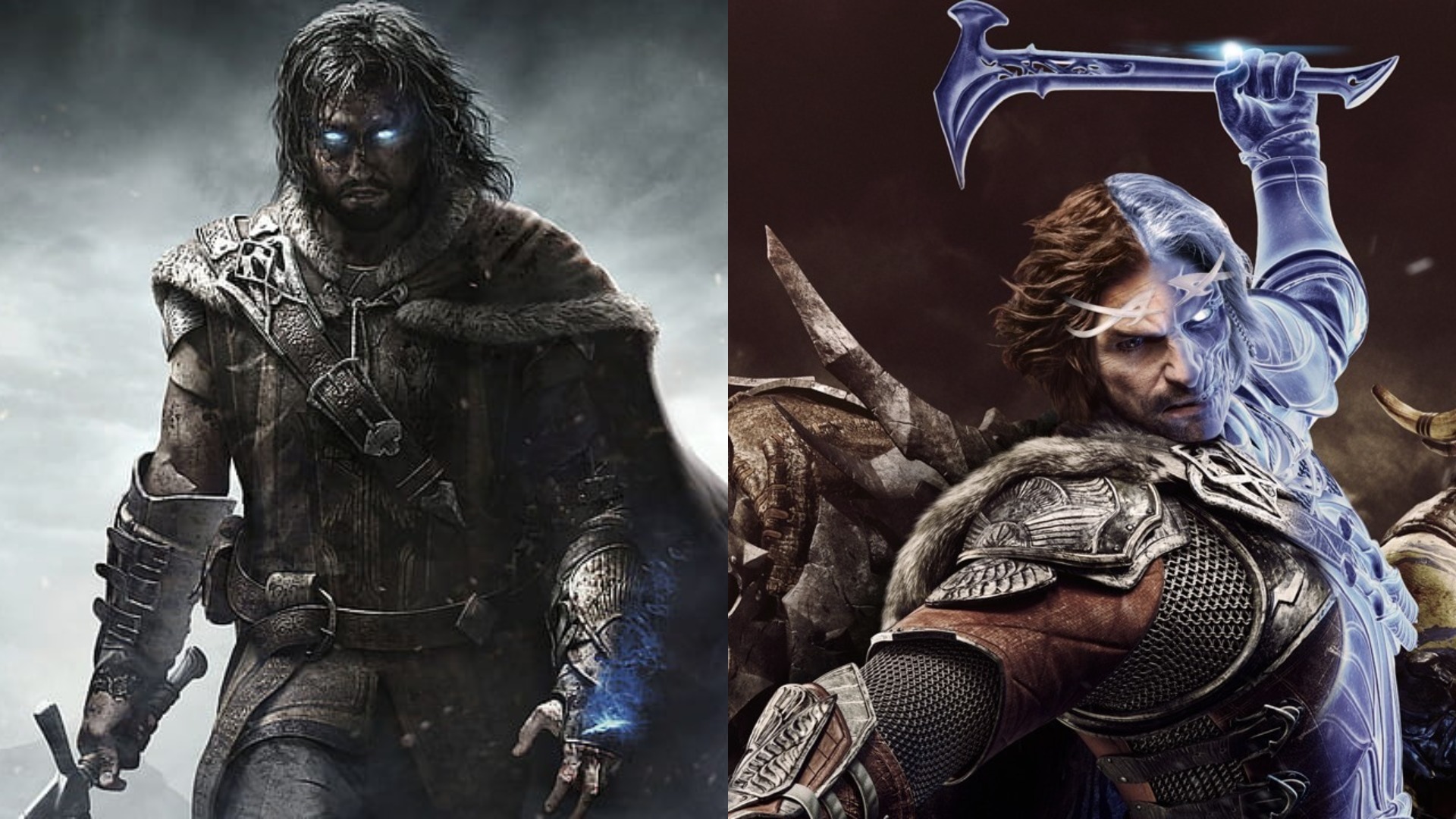 Gespaltenes Bild von Talion kombiniert mit dem Geist in Mittelerde: Schatten von Mordor und War-Cover-Arts.