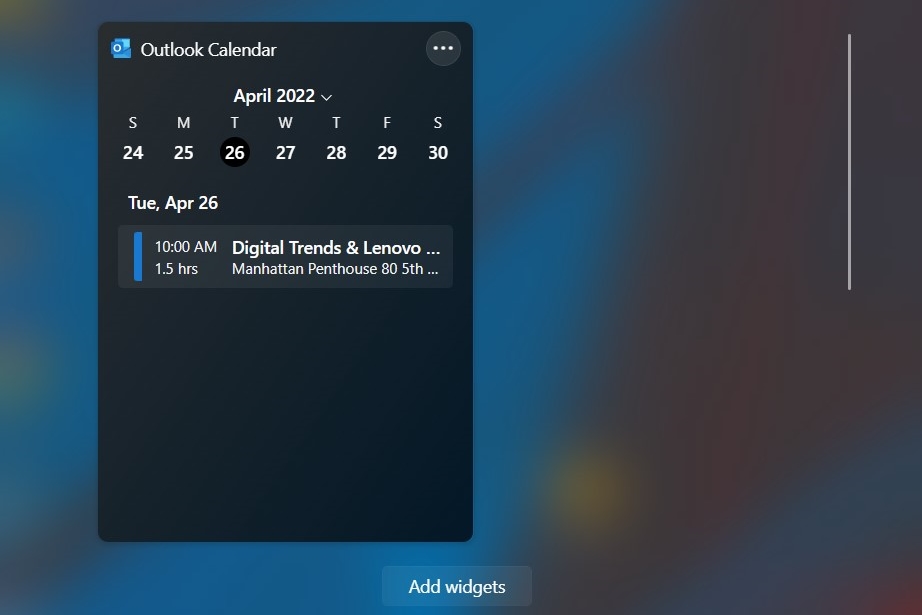 The outlook calendat widget on Windows 11